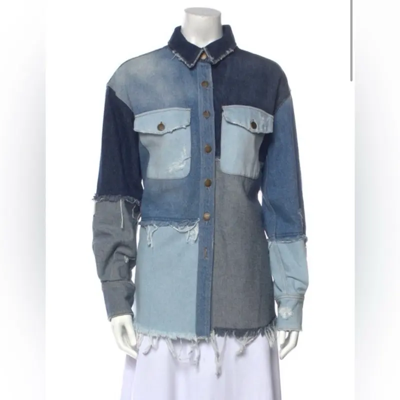 Retrofête Patchwork Distressed Denim Jacket - Blue/size:M