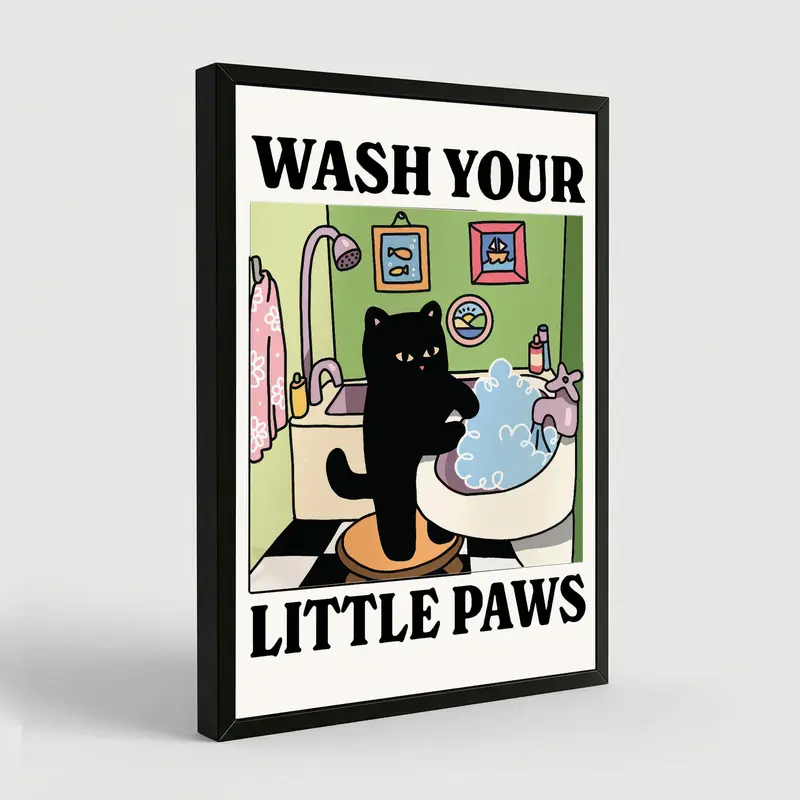 Wash Your Paws Green Cat Print, Cute Bathroom Poster, Wash Room Childrens Washing Up Posters, Kawaii Prints Decor, Unique Cats Art