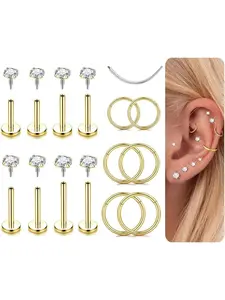 14 Pcs Golden Simple Cartilage Piercing Set for Women Men Trendy Hypoallergenic Surgical Steel Construction with Flat Back Design Sparkling CZ Studs Nose Rings Hoops Complete Set for Cartilage Helix Tragus Conch Multiple Ear Piercings for Daily Wear