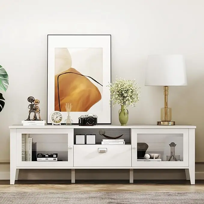 Bonzy Home White Modern Coffee Table with Glass Door Storage,Rectangular Wooden Center Table for Living Room, 39.4"*18.9"*16"