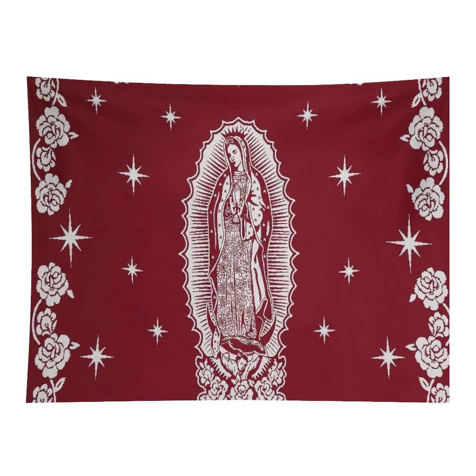 Our Lady of Guadalupe Tapestry Burgundy Religious Wall Hanging, Virgin Mary Rose Star Tapestry for Bedroom Decor