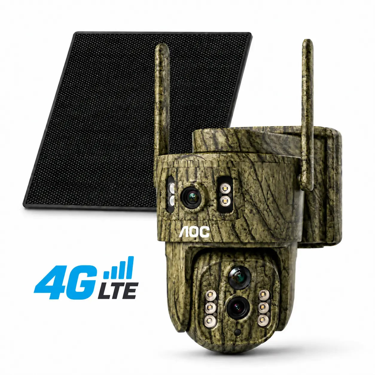 AOC 4G LTE Solar Security Camera for Farm, Orchard & Woodland, No WiFi Needed (7-Day Trial, 4G Plan Required), Dual-Lens Dual-View, PTZ, AI Tracking, Motion Detection, Color Night Vision, AOV All-Day Recording, IP65, camouflage