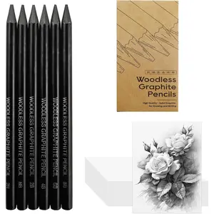 Woodless Graphite Drawing Pencils Set,6 Black Lead Pre-Sharpened 2H HB, 2B, 4B, 6B 8B Degrees Coloring Pencils, 50PK Blank Watercolor Card for Sketching,Writing,Shading