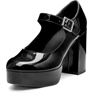 Coutgo Womens' T-Strap Round Toe Chunky Platform Heels Patent Mary Jane Dress Shoes Elegant Footwear