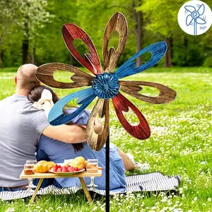 1pcs Metal Windmill Garden Decoration, Iron Art Sculpture for Yard & Outdoor, Insert Style Lawn Ornament, Flower Shape Wind Spinner