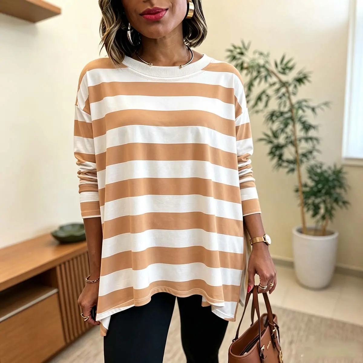 CHICME Women's Striped T Shirt Long Sleeve Drop Shoulder Crewneck Tee Side Slit Casual Loose Fit Top Oversized Fall