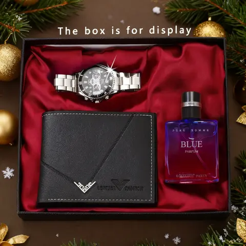Men's Fashion Quartz Watch Set with Wallet & Perfume Premium Gift Box, Perfect for Business Casual Daily Wear Birthday Father's Day
