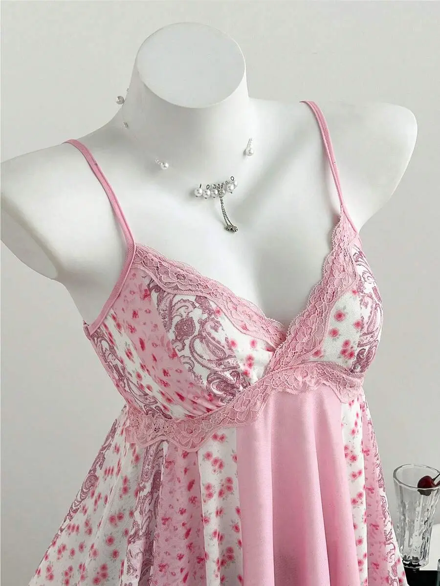 Countryside Floral Lace Asymmetric Hem Women Camisole, Spring/Summer Pink Babydoll Top Pink Summer Top Dress Top