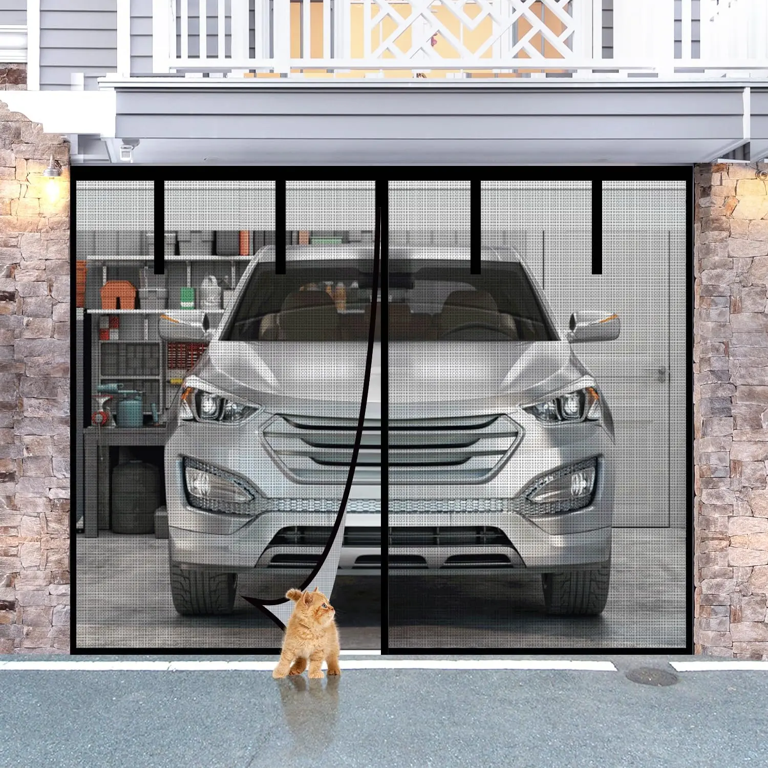 Fiberglass Garage Door Screen,  8x7Ft  Heavy Duty Garage Door Curtain with 4 Strapping Tapes - Durable Breathable Mesh Patio Porch  Curtain