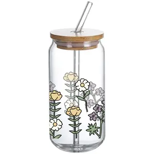 Flower Pattern 'A' - Glass Tumbler with Bamboo Lid and Straw