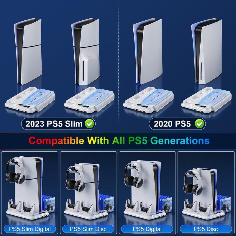 Ponkor PS5 Cooling and Charging Dock, Compatible with PlayStation 5 Standard, Slim and Pro Consoles (Disc & Digital), Featuring Dual PS5 Controller Charger, Adjustable 3-Speed Cooling Fan, 8 Modes Dynamic RGB Lighting, Headset Hook & 3 USB Hubs