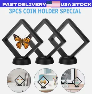 3 Pack Black 3D Floating Coin Display Frame Holder Box Case Black&Stand Φ2.2In