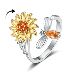 Anti Anxiety Fidget Ring for Women, Open Adjustable Fidget Rings Anti Anxiety Ring Flower Bee Bead Rings Cute Relief Items Gift