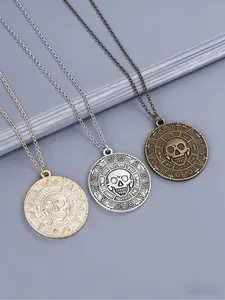Gold, Silver & Bronze Pirate Skull Coin Pendant Necklace, Vintage Pirate Style Exquisite Chain Jewelry with Intricate Aztec/Mayan Engraved Skull Detail, for Men & Women, Daily, Cosplay, Halloween & Streetwear Occasions
