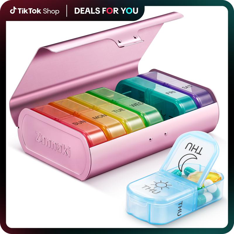 Metal XL Weekly Pill Organizer 2 Times A Day Large Travel Daily Pill 