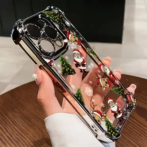 Four Corner Anti-Fall Adorable Cartoon Santa Claus Pattern Phone Case for iPhone 16 Pro Max 15 Plus 14 13 12 11 E Shockproof Transparent Electroplated Protective Cover