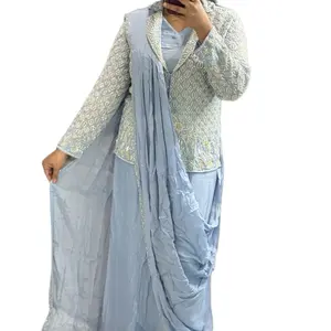 Jacket Ready Saree in Blue - Ready to Wear Saree with Matching Jacket