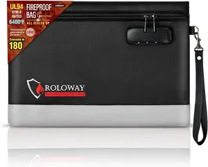 ROLOWAY Fireproof Money Bag with Lock for Cash, 6400°F Fire Proof Document Bag (12.2 x 8.5 x 1.6 inches), Money Pouch with Zipper