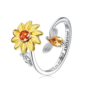 Fidget Spinner Ring for Anxiety Relief – Adjustable Open Ring with CZ Daisy & Sunflower Designs, Customizable Engraving for Women, Stress Relief Jewelry Gift for Valentine's Day (You Are My Sunshine)