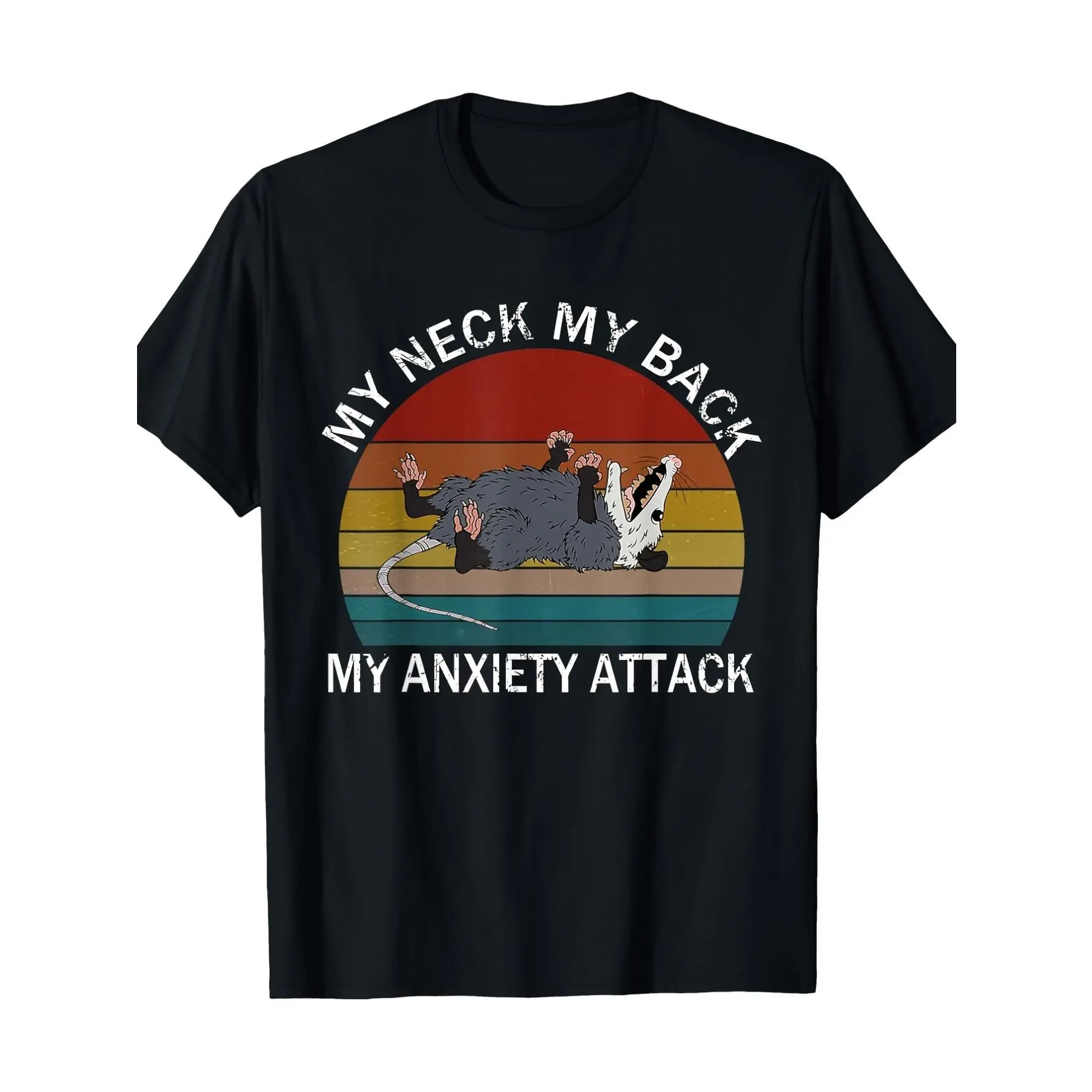 Menswear Tops Short Sleeve "My Neck My Back My Anxiety Attack" Opossum Sunset Graphic T-Shirt - 100% Cotton, Round Neck, Oversize, Backwards Double Print, Vintage Metalcore