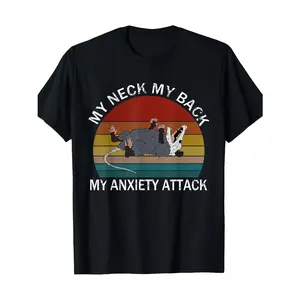 Menswear Tops Short Sleeve "My Neck My Back My Anxiety Attack" Opossum Sunset Graphic T-Shirt - 100% Cotton, Round Neck, Oversize, Backwards Double Print, Vintage Metalcore Y2K Tee, Casual Gift for Men, Demon Slayer Merch Black Crewneck Tops