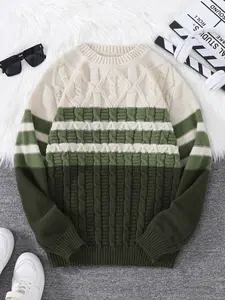 New Fall Winter Striped Crew Neck Casual Couple Sweater, Fitted Long Sleeve Knit Top, Trendy Men's Fashion Pullover