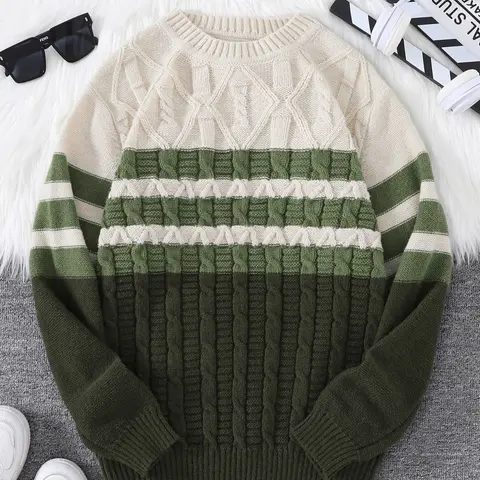 New Fall Winter Striped Knitted Crew Neck Casual Couple Sweater, Fitted Long Sleeve Knit Top, Trendy Men's Fashion Pullover, Knitwear