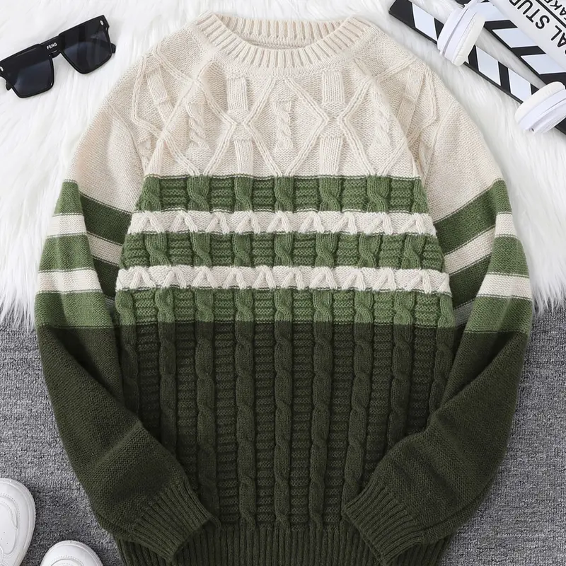 New Fall Winter Striped Knitted Crew Neck Casual Couple Sweater, Fitted Long Sleeve Knit Top, Trendy Men's Fashion Pullover, Knitwear