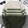New Fall Winter Striped Knitted Crew Neck Casual Couple Sweater, Fitted Long Sleeve Knit Top, Trendy Men's Fashion Pullover, Knitwear