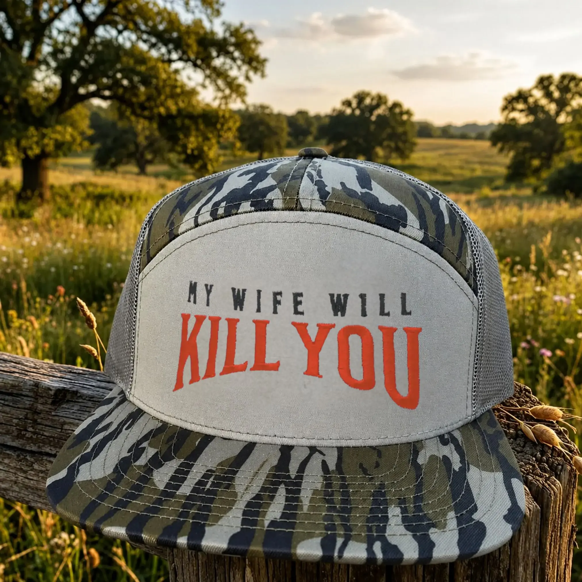 My Wife Will Kill You 7 Panel Trucker Hat, Funny Embroidered Camo Snapback Cap, Mesh Back Flat Bill Country Western Hat for Men & Women