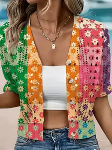 Elegant Women's Colorful Geometric Patchwork Floral Print Short Sleeve Knit Cardigan, Casual Summer Fall Sweater, Button Front Open Neck