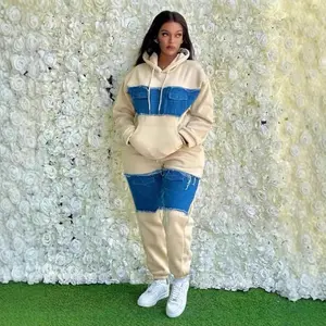 Women’s Two-Piece Set – Hooded Matching Sweatshirt and High-Waist Denim Joggers with Panel Details, Casual Style, 2025