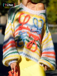 Women's Striped Graphic Drop Shoulder Sweater, Casual Long Sleeve Round Neck Jumper for Fall & Winter, Fashion Ladies' Knitwear for Daily Wear, Sweaters for Women, Womenswear