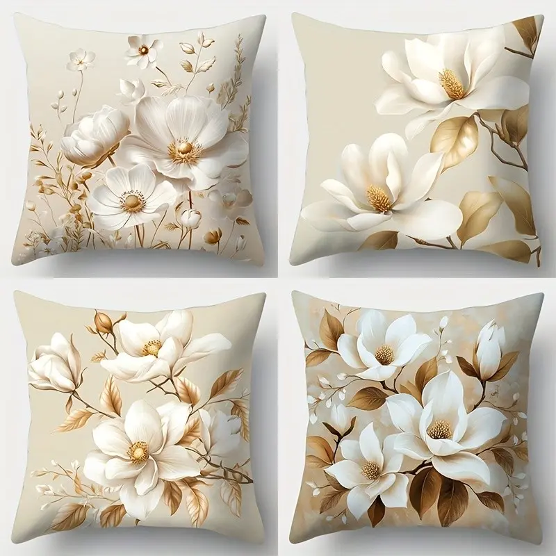 4pcs, White Minimalist Floral Themed Throw Pillow Covers, Cushion Covers, Home Spring Décor Products, Suitable Living Room, Bedroom, Sofa and Bed Decoration, 2D Flat, Single Sided Printing, No Pillow Core, Bedroom Decorative Accessories