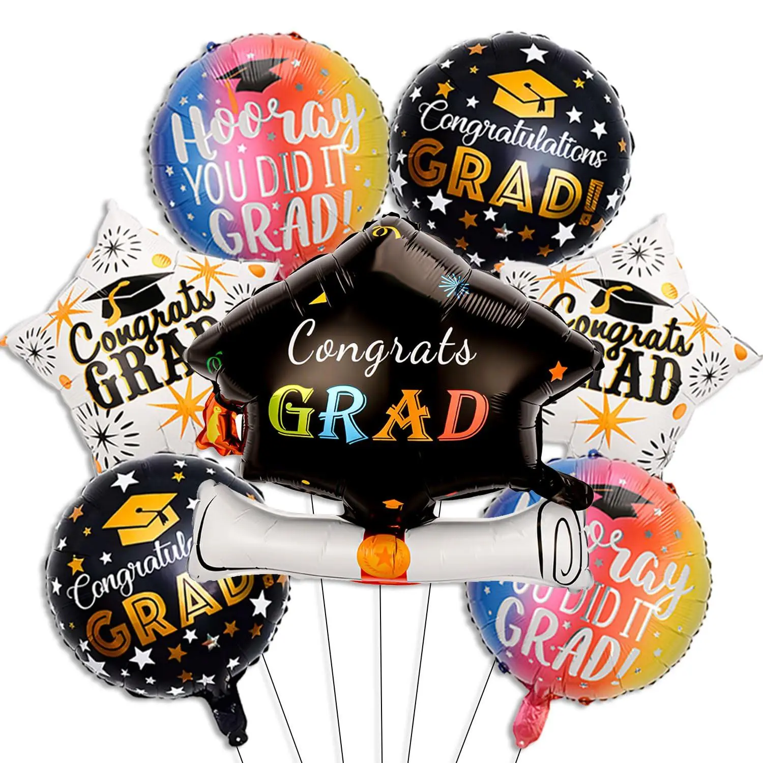 7 Pcs Graduation Foil Balloons Set, Black Colorful Graduation Cap Balloon Gongrats Grad Balloons For 2026 Graduation Party Decorations