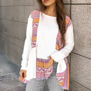 White Western Aztec Print Patchwork Ruffled Tunic Long Sleeve Babydoll Top