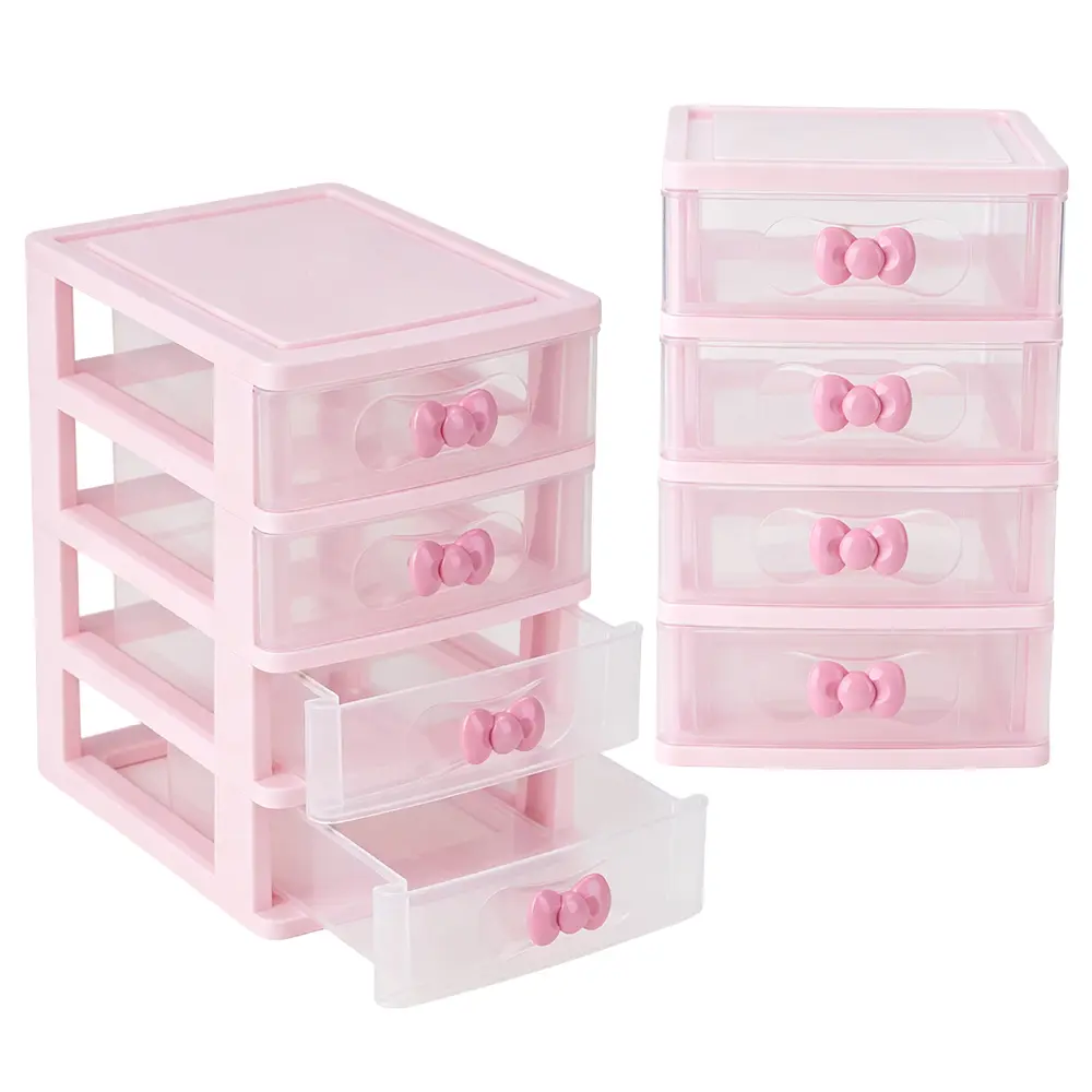 4-Layer Transparent Plastic Storage Organizer - Cute Vanity Desk Jewelry & Makeup Box with Bow Handles, Teenage Girls Gifts for Girly Room Stuff, Room Accessory for Stuff for Teen Girls