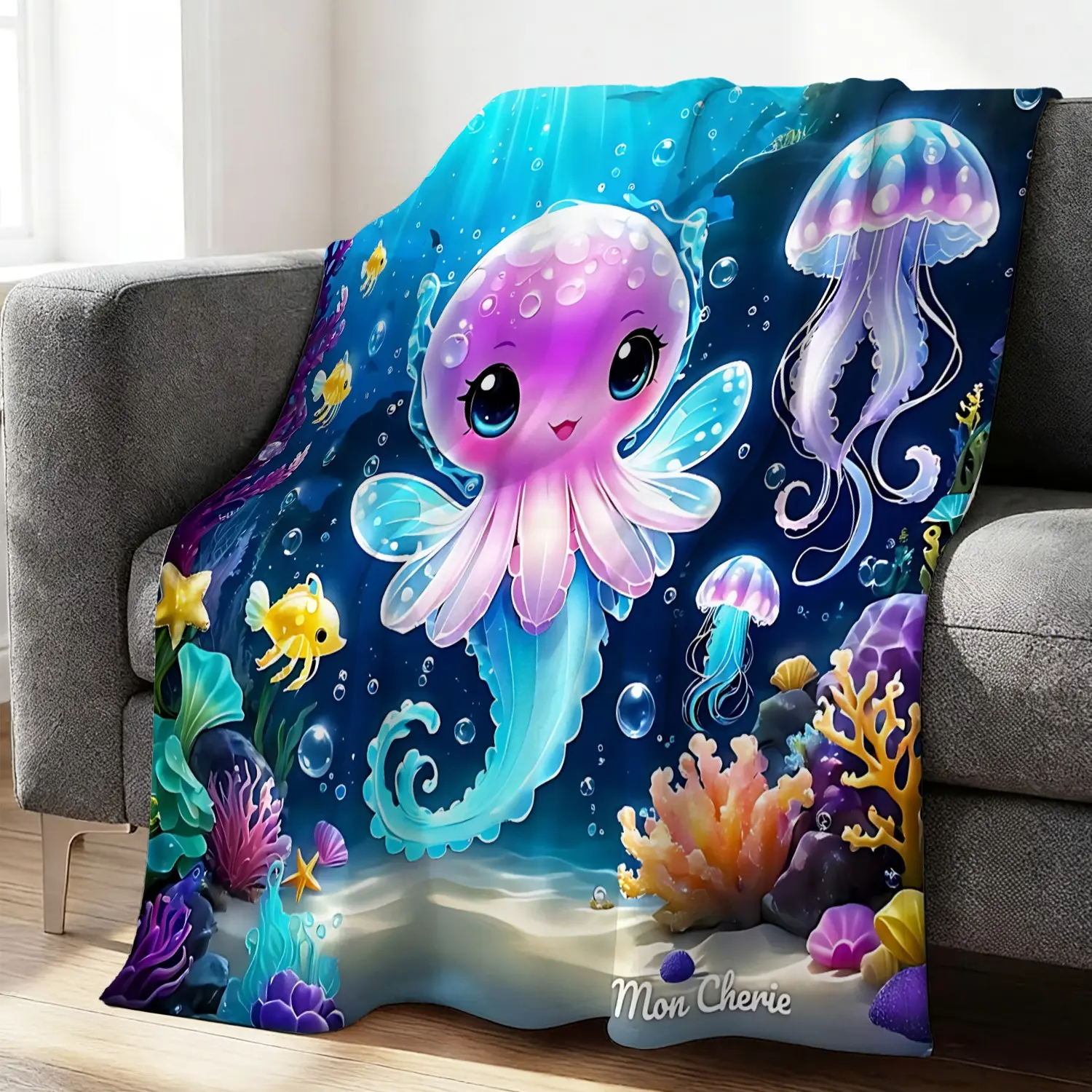 Cute Octopus Pattern Throw Blanket, Soft Flannel Fabric, Lightweight Warm, Cozy Breathable, All Season Use, for Couch, Bed, Sofa, Office, Camping, Travel, Great for Ocean Lovers, Marine Life Themed Rooms