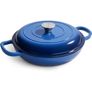 3 Quart Enameled Cast Iron Braiser, Non Stick Enameled Cast Iron Skillet with Lid, Dutch Oven Skillet with lid up to 500F for Oven, Stove, Grill, Shallow Dutch Oven for Cook, Bake (Blue)