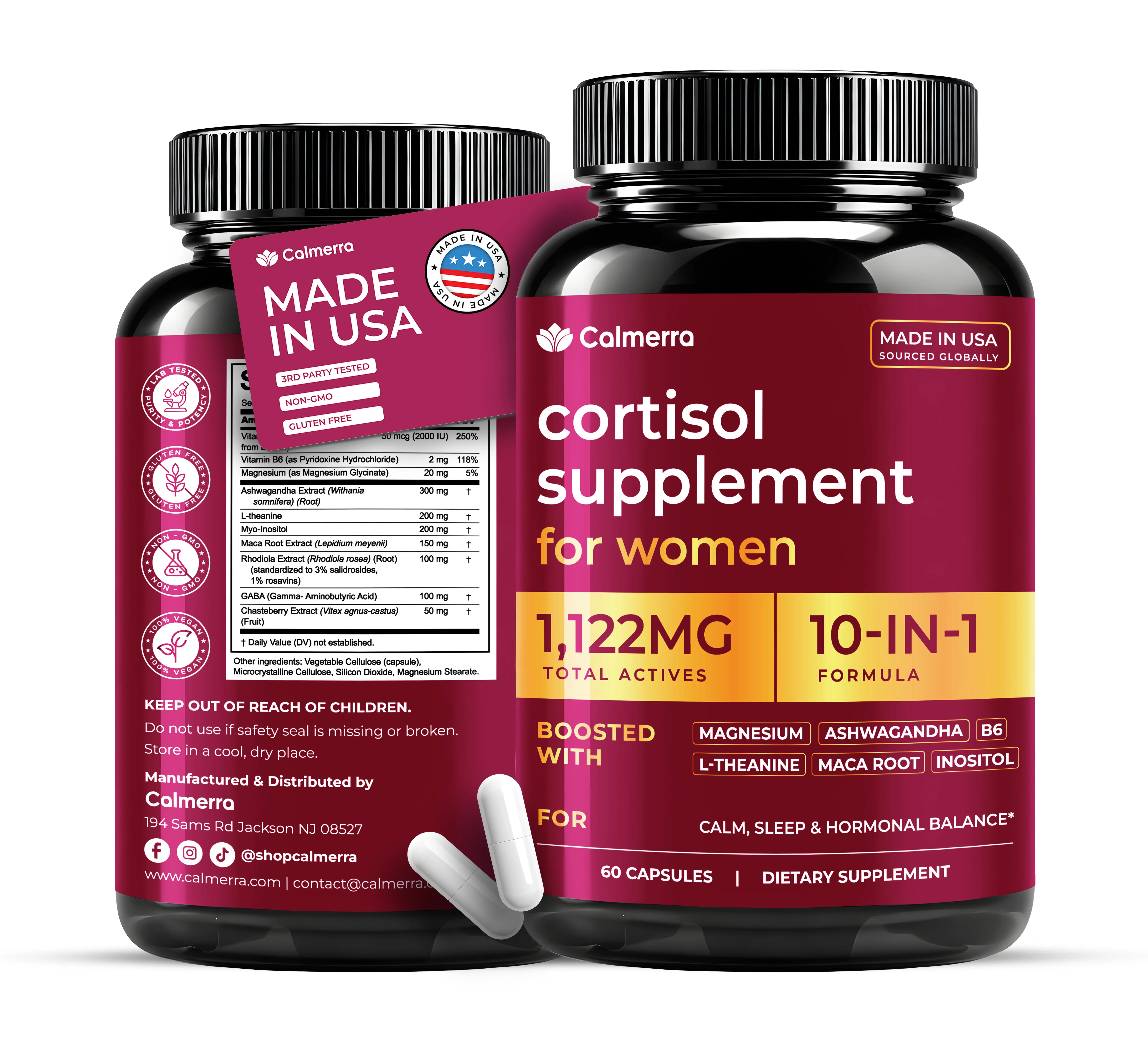 1,122mg Cortisol Supplements for Women w/ Magnesium Glycinate, Ashwagandha, L-theanine, Myo-Inositol, Maca, D3 & B6, High Cortisol Reducer, Manager, Detox & Lower for Sleep, Focus, Mood Support, 60 ct