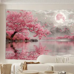 Japanese Cherry Blossom - Pink Sakura Tree Reflection Backdrop with Moon, No Electricity Needed, Easy Hang Wall Decor for Living Room, Bedroom, Office, Party - Realistic Floral Landscape Photogra