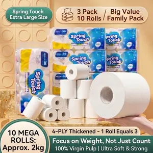 10-pack household toilet paper; soft, strong, ultra-soft 4-ply made from virgin wood pulp; gentle on skin; thick, non-bleached paper that doesn’t shed fibers; suitable for hotels, food trucks, offices, homes, toilets, and bathrooms.
