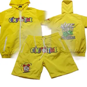Windbreakers Yellow Set with "Grind Time" and "Make Money Not Friends" Designs Hoodie and Shorts Ensemble Menswear