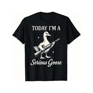 Men's Short-Sleeve Round Neck Casual T-Shirt - Menswear Tee, "Today I'm A Serious Goose" Meme Graphic, Retro Goose With Gun Novelty, Medium Length Streetwear Top, Animal Lover Gift, Plants-Themed Wear