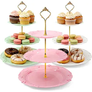 3 Pack 3 Tier Cupcake Stand, Dessert Cup Cake Holder Reusable Tiered Serving Tray with Rod Pastry Platter for Wedding, Birthday, Tea - White Green Pink