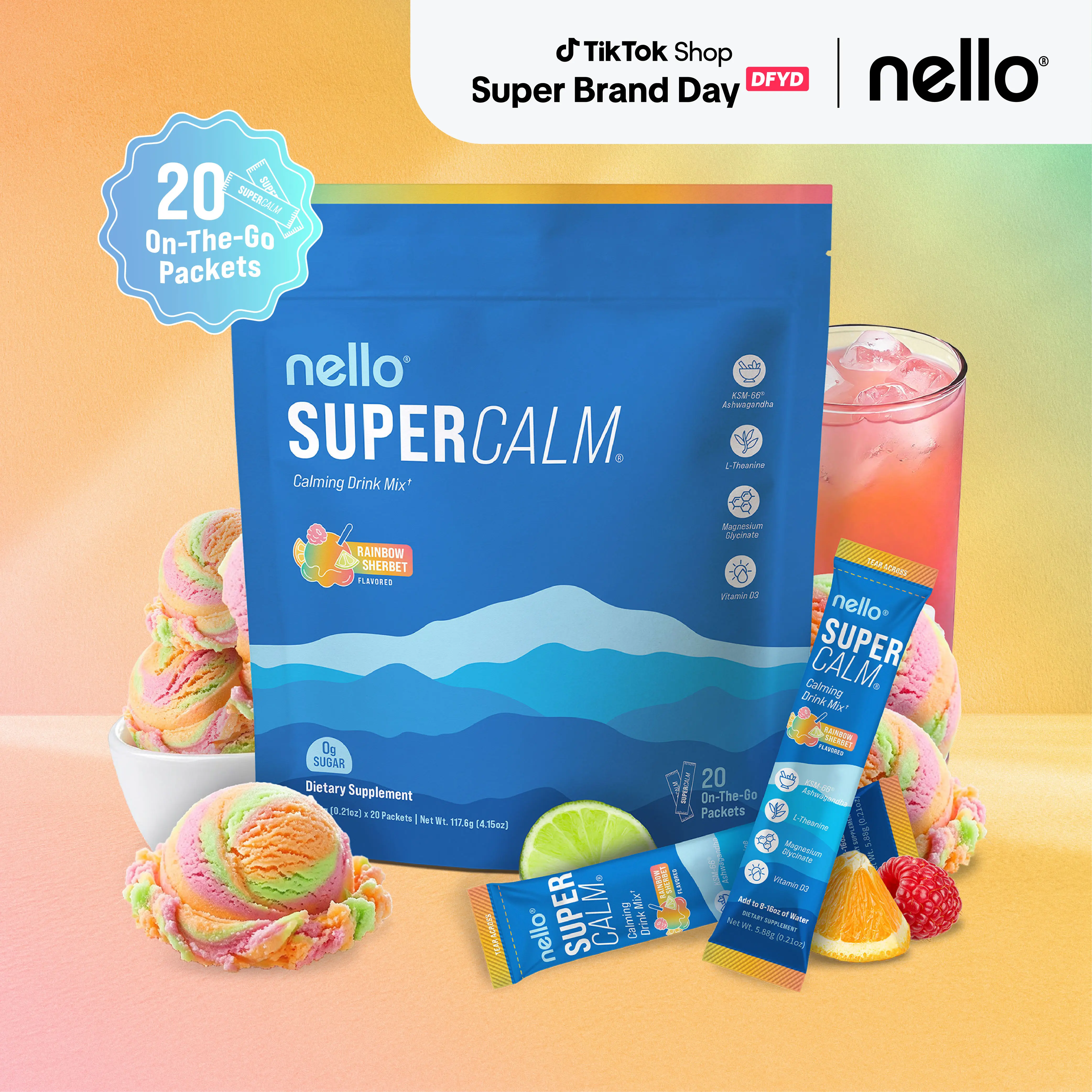 Nello Supercalm Calming Drink Mix with KSM-66 Ashwagandha Vitamin