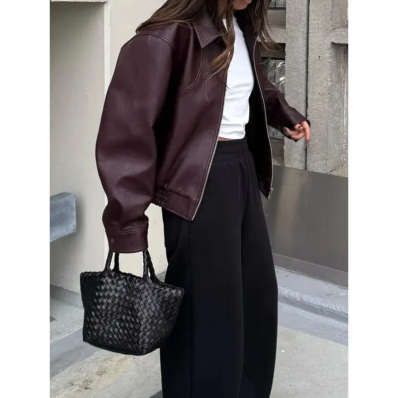 Wine Red Lapel Leather Short Coat Retro Women's Zipper Long Sleeve Jackets Female 2025 New Autumn Fashion High Street Jackets