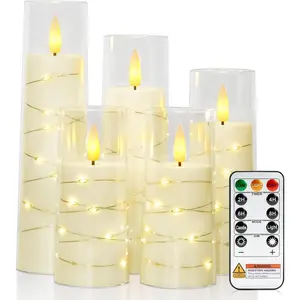 Remote Control Flameless LED Candles 5pcs with Embedded Star String Battery Operated Acrylic Pillar Candles Timer Romantic Home Decor Valentine Mother's Day