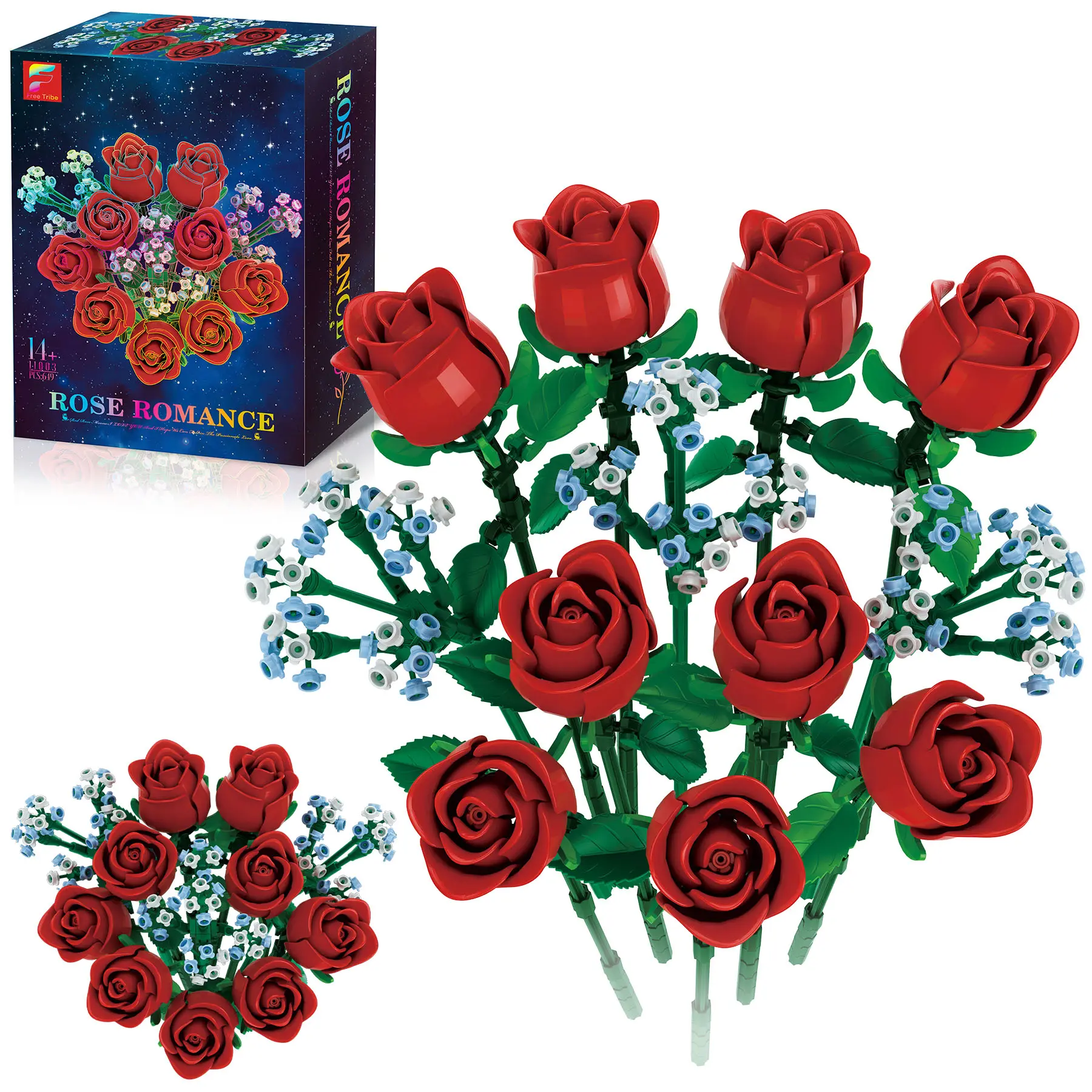 649-Piece Lego-Compatible Decorative Artificial Flower Bouquet Set, DIY Buildable Decoration Kit with 9 Red Roses, Halloween Creative Gift for All Ages
