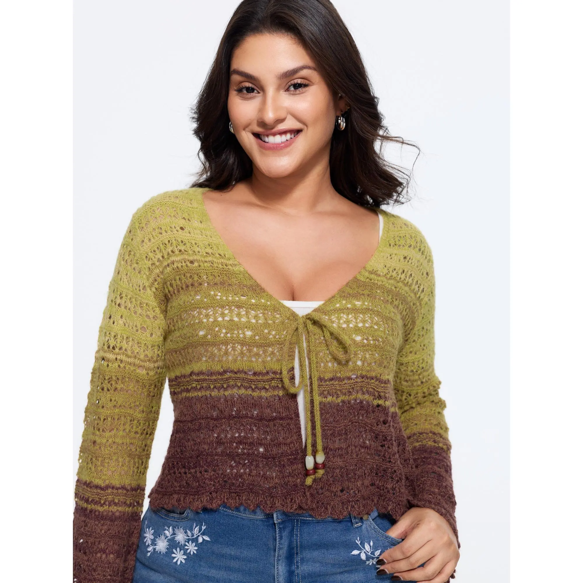 BloomChic Women's Plus Size Ombre Tie Front Cut Out Knitwear Cardigan - Long Sleeve, Soft Fabric Garment, Flattering Fit, M-6X Summer Finds,clothes for back to school,first day of school outfits